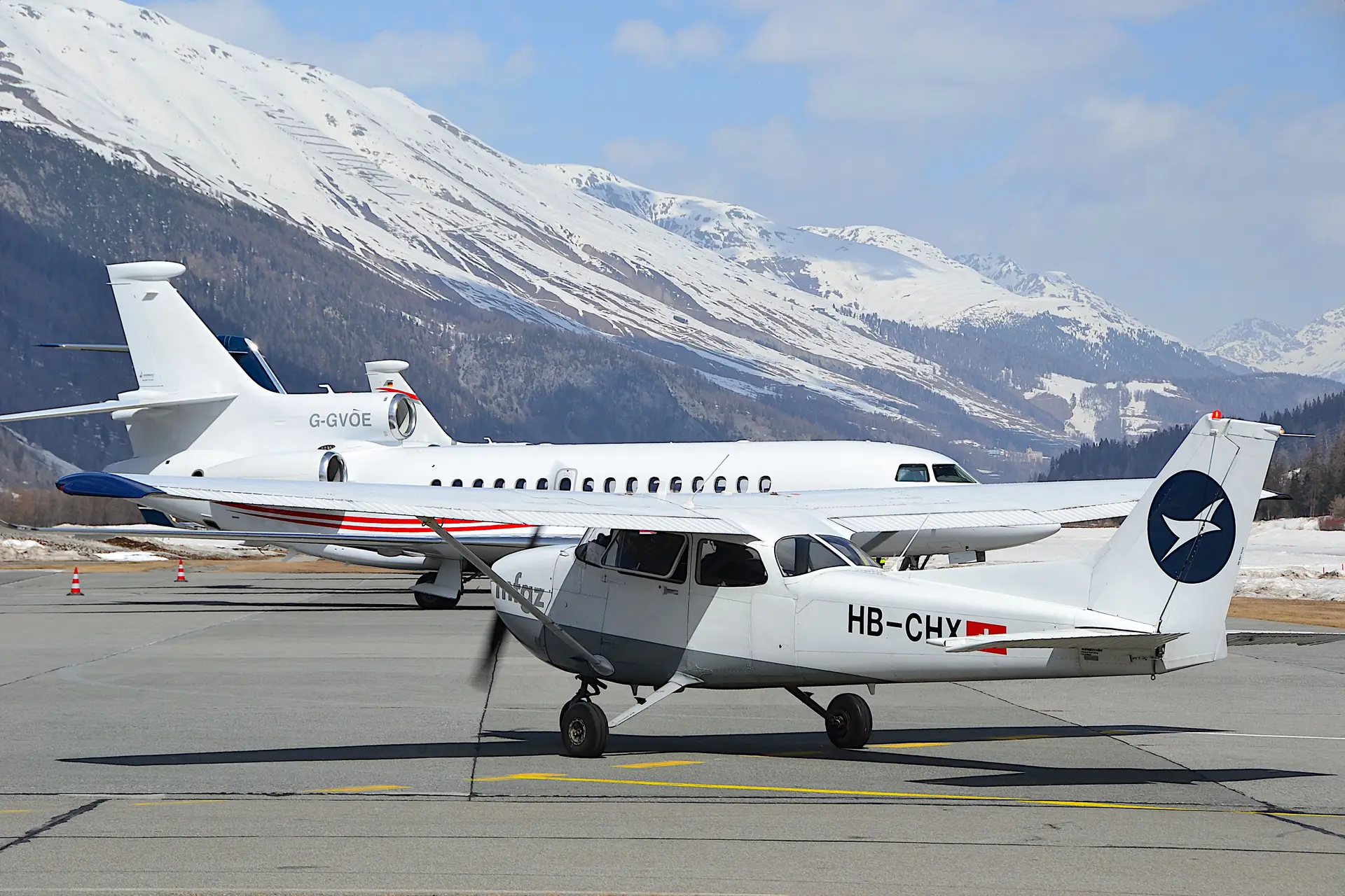 Private aircraft in snowy alpine airport